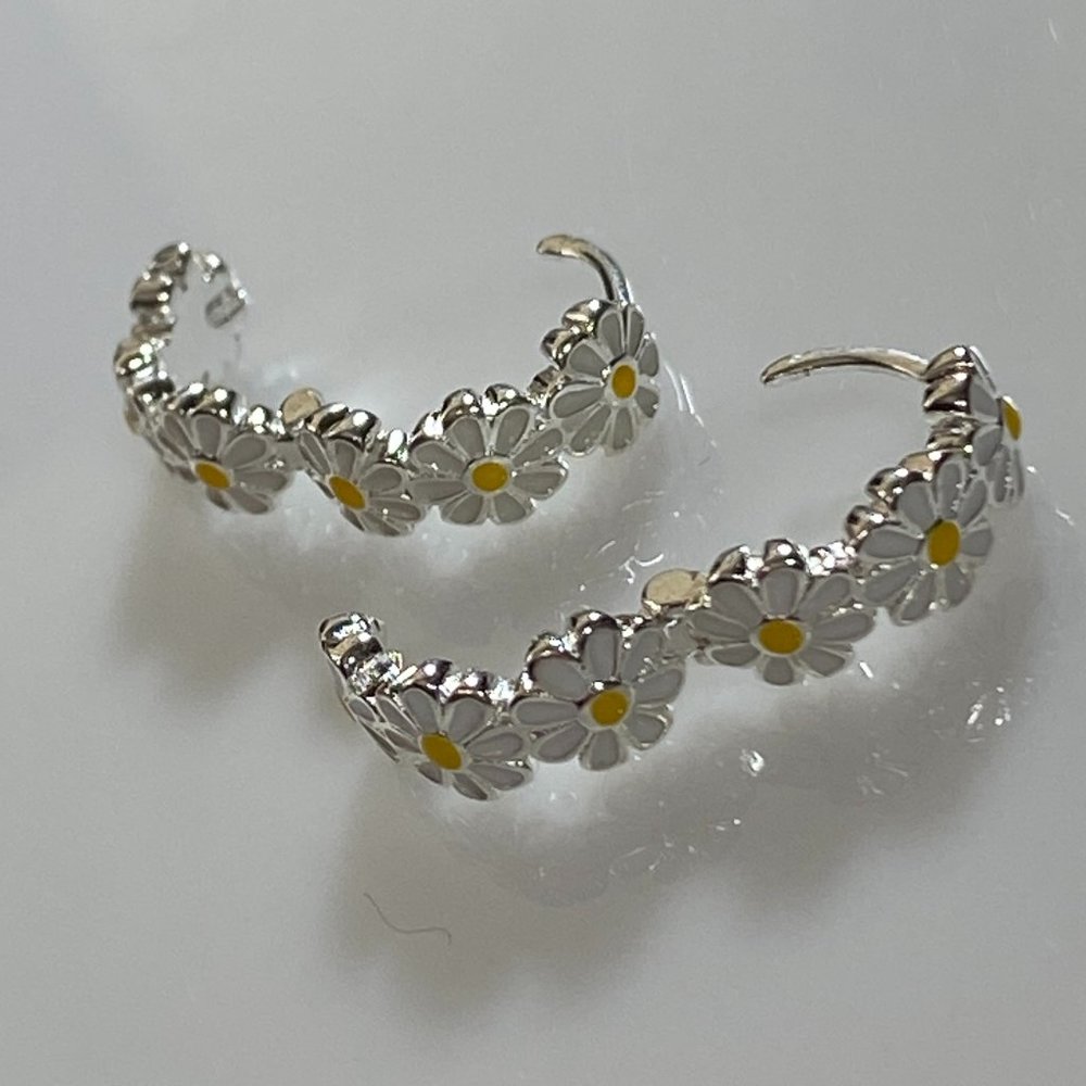 Sterling Silver Daisy Huggie Hoop Earrings - Picture 7 of 9